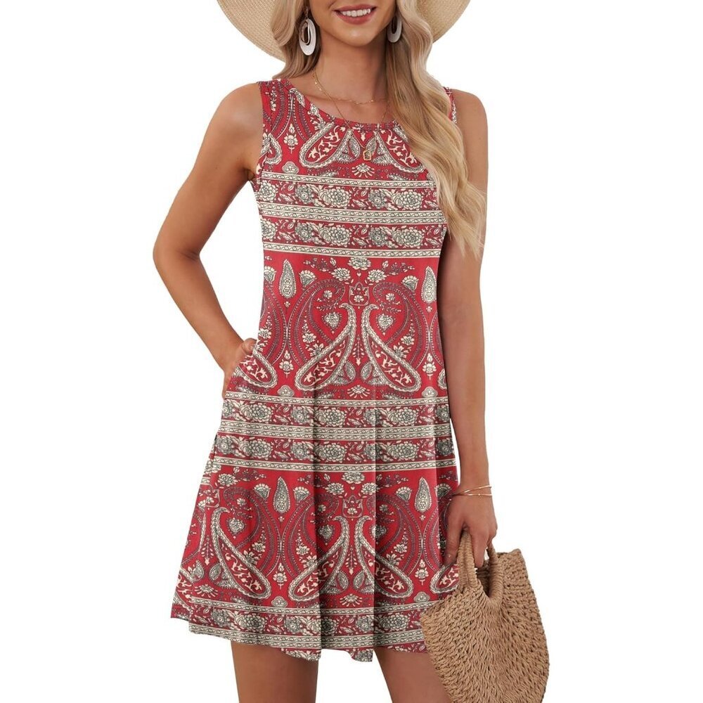 Women's Boho Floral Sleeveless Crew Neck Summer Boho Beach Dress with Pocket